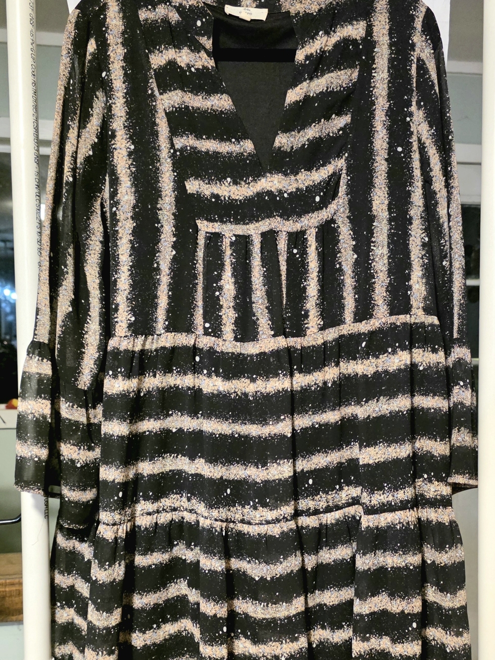 entro Black Dress with Cream Stripe Pattern, Long Sleeve Tiered Maxi